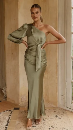 Eden One Shoulder Tie Front Maxi Dress - Olive