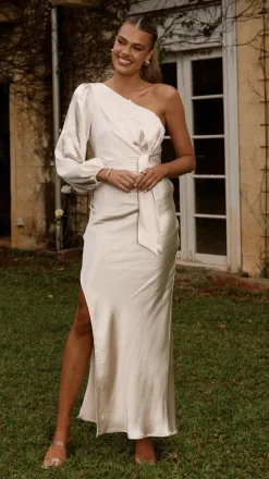 Eden One Shoulder Tie Front Maxi Dress - Champagne