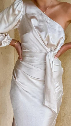 Eden One Shoulder Tie Front Maxi Dress - Champagne