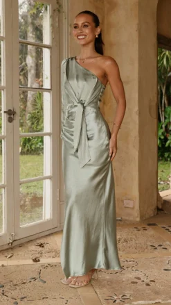 Eden One Shoulder Tie Front Maxi Dress - Sage