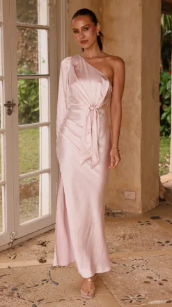 Eden One Shoulder Tie Front Maxi Dress - Pink