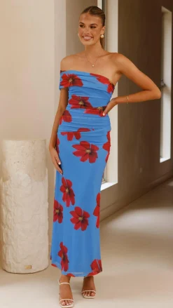 Eisa One Shoulder Maxi Dress - Blue / Red Floral