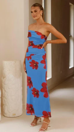 Eisa One Shoulder Maxi Dress - Blue / Red Floral