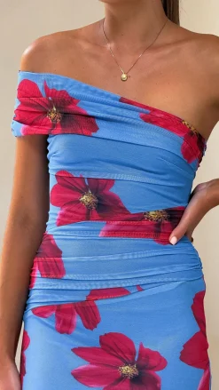 Eisa One Shoulder Maxi Dress - Blue / Red Floral