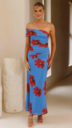 Eisa One Shoulder Maxi Dress - Blue / Red Floral