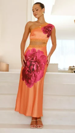 Emily One Shoulder Maxi Dress - Orange / Pink