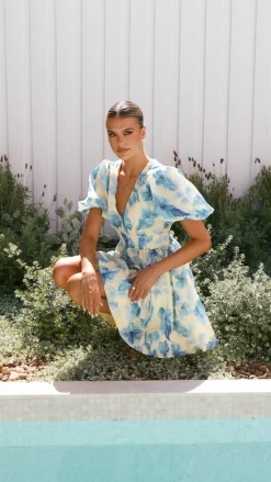 Erin Mini Dress - Yellow / Blue Floral