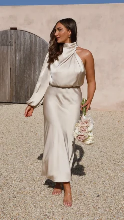 Esther One Shoulder Long Sleeve Dress - Champagne