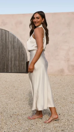 Esther One Shoulder Long Sleeve Dress - Champagne