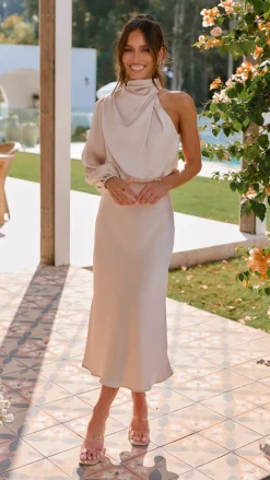 Esther One Shoulder Long Sleeve Dress - Champagne