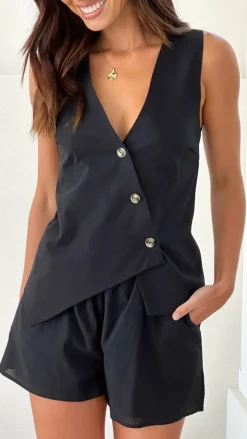 Gallia Asymmetrical Top and Shorts Set - Black