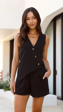 Gallia Asymmetrical Top and Shorts Set - Black