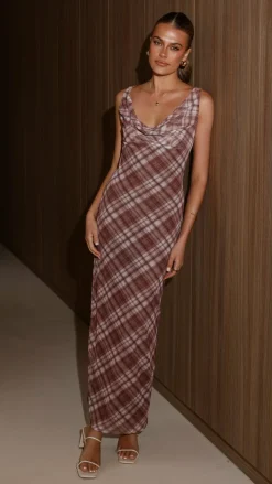 Harena Off Shoulder Maxi Dress - Brown Plaid Print