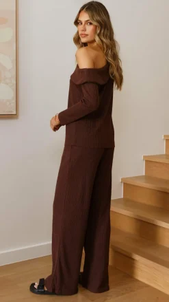 Harini Off Shoulder Long Sleeve Top and Pants Set - Chocolate