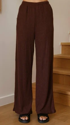 Harini Off Shoulder Long Sleeve Top and Pants Set - Chocolate