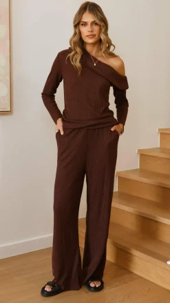 Harini Off Shoulder Long Sleeve Top and Pants Set - Chocolate
