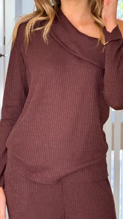 Harini Off Shoulder Long Sleeve Top and Pants Set - Chocolate