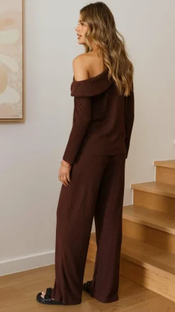 Harini Off Shoulder Long Sleeve Top and Pants Set - Chocolate
