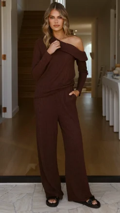 Harini Off Shoulder Long Sleeve Top and Pants Set - Chocolate