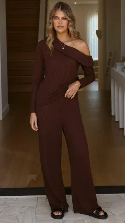 Harini Off Shoulder Long Sleeve Top and Pants Set - Chocolate