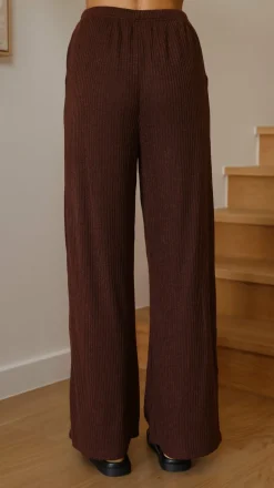 Harini Off Shoulder Long Sleeve Top and Pants Set - Chocolate