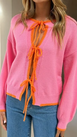 Hazina Tie Long Sleeve Knit Top - Pink / Orange