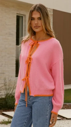Hazina Tie Long Sleeve Knit Top - Pink / Orange