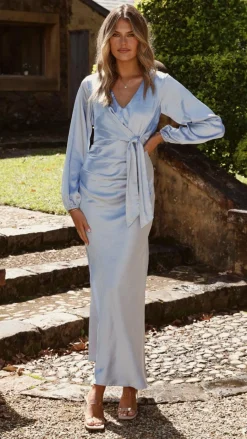 Ivy Long Sleeve Tie Front Maxi Dress - Blue