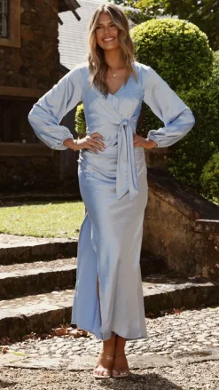 Ivy Long Sleeve Tie Front Maxi Dress - Blue