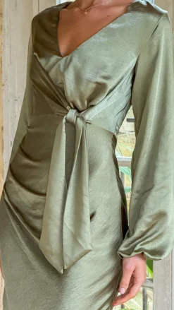 Ivy Long Sleeve Tie Front Maxi Dress - Olive