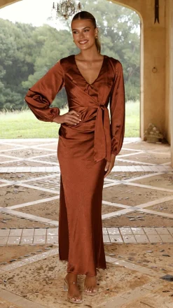 Ivy Long Sleeve Tie Front Maxi Dress - Rust
