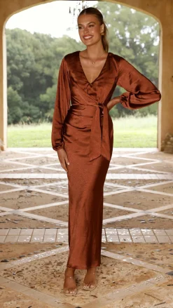 Ivy Long Sleeve Tie Front Maxi Dress - Rust