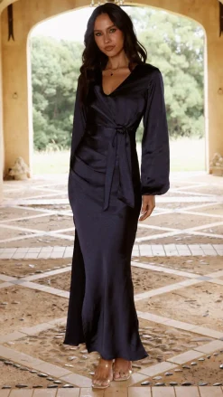 Ivy Long Sleeve Tie Front Maxi Dress - Navy