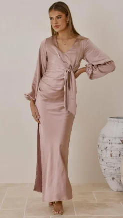 Ivy Long Sleeve Tie Front Maxi Dress - Dusty Pink