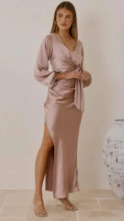 Ivy Long Sleeve Tie Front Maxi Dress - Dusty Pink