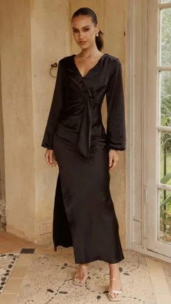 Ivy Long Sleeve Tie Front Maxi Dress - Black