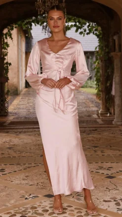 Ivy Long Sleeve Tie Front Maxi Dress - Pink