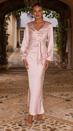 Ivy Long Sleeve Tie Front Maxi Dress - Pink