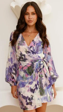 Jemma Long Sleeve Mini Dress - Purple Abstract