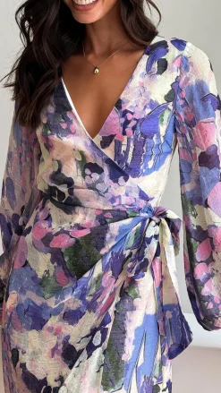 Jemma Long Sleeve Mini Dress - Purple Abstract