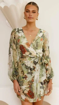 Jemma Long Sleeve Mini Dress - Green Abstract