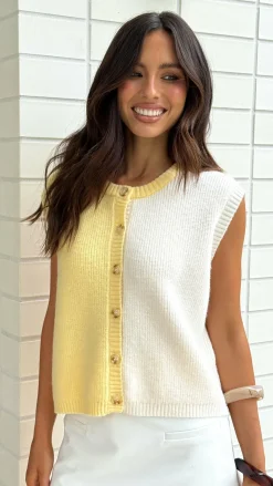 Keisha Knit Button Up Vest - Butter/White