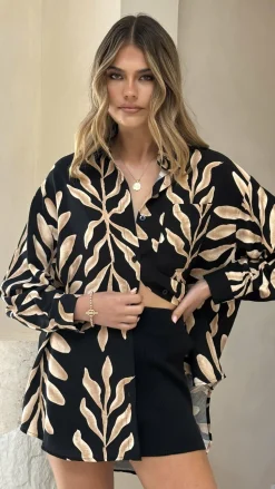 Koa Button Up Top - Black/Tan Print