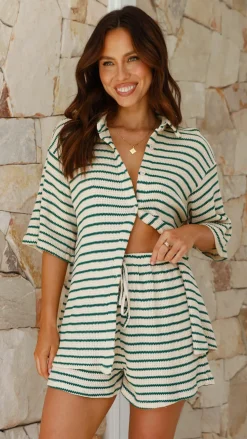 Lacole Button Up Shirt and Shorts Set - Beige / Green Stripe