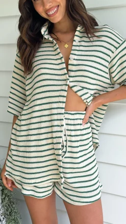 Lacole Button Up Shirt and Shorts Set - Beige / Green Stripe