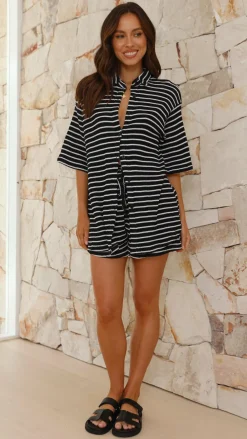 Lacole Button Up Shirt and Shorts Set - Black / White Stripe