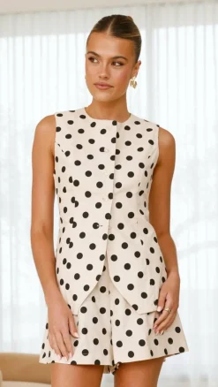 Laolani Button Up Vest Top - Oat Black Polka