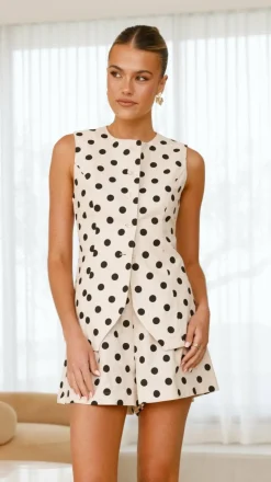 Laolani Button Up Vest Top - Oat Black Polka