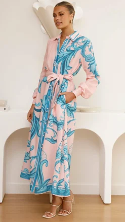 Lucia Long Sleeve Maxi Dress - Aqua/Pink Print