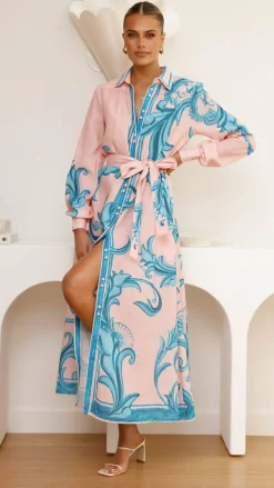 Lucia Long Sleeve Maxi Dress - Aqua/Pink Print